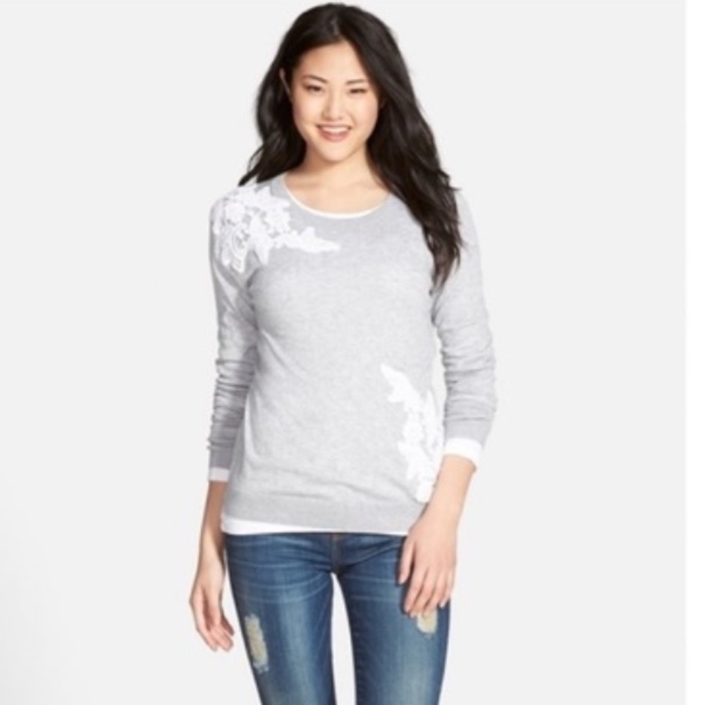 HALOGEN Sweater Gray White Lace Crochet Appliqué Cotton Blend Womens Size M